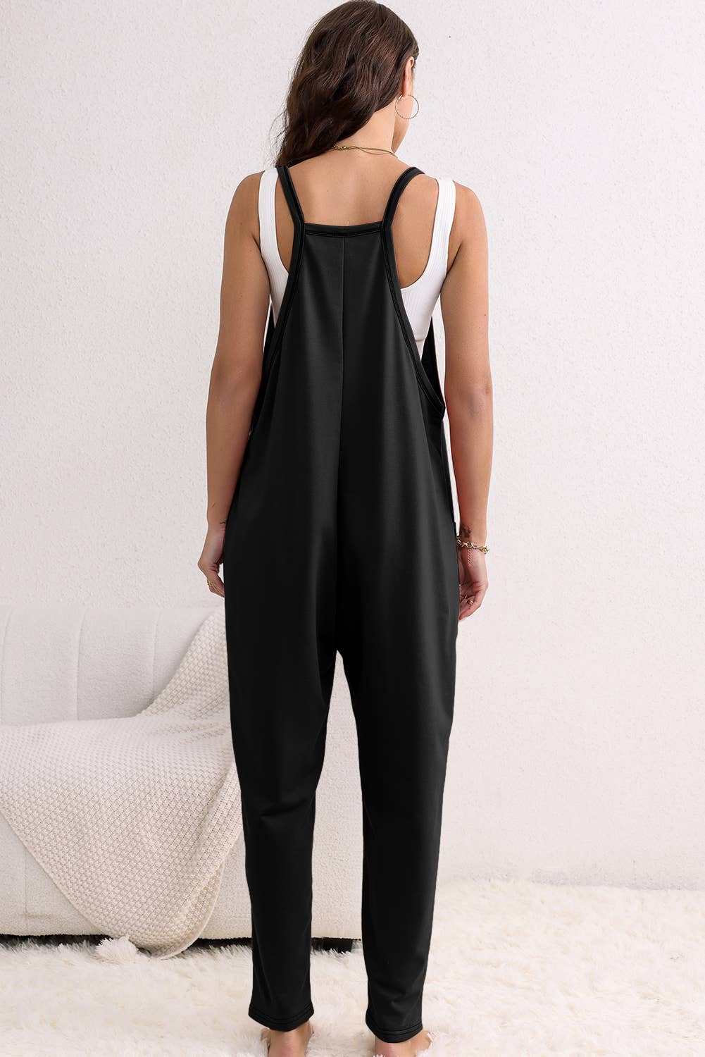Side Pockets Harem Pants Sleeveless V Neck Jumpsuit: Black / Missy