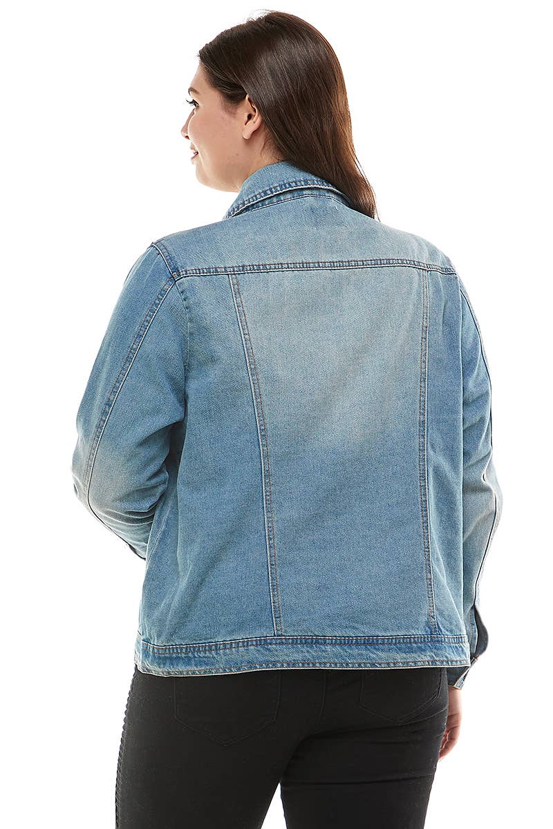 Faith Over Fear Womens Plus Size Original Trucker Denim Jacket / Med Wash