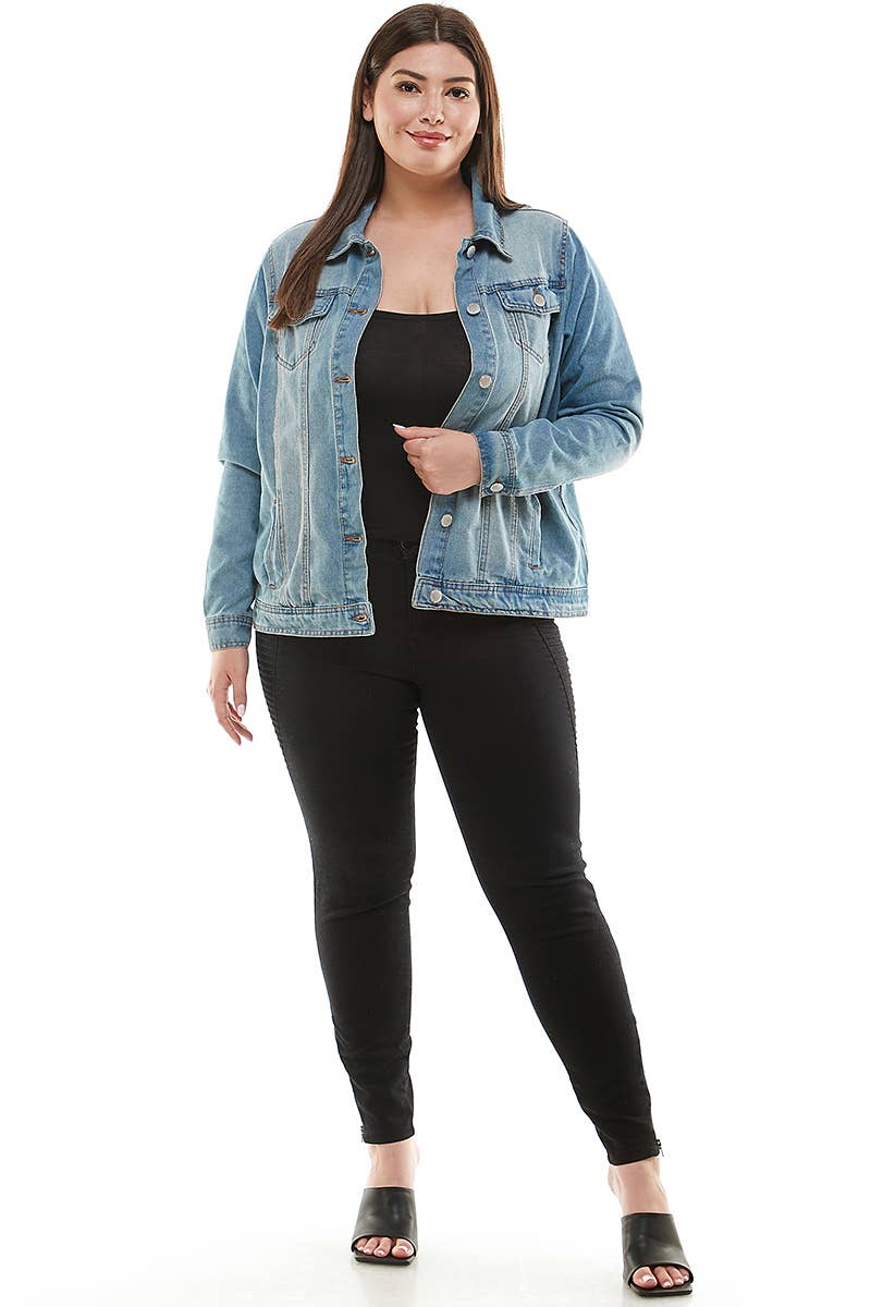 Faith Over Fear Womens Plus Size Original Trucker Denim Jacket / Med Wash