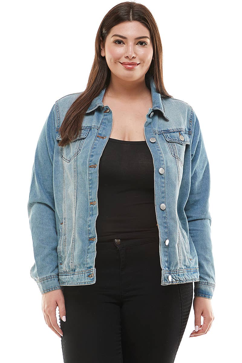 Faith Over Fear Womens Plus Size Original Trucker Denim Jacket / Med Wash