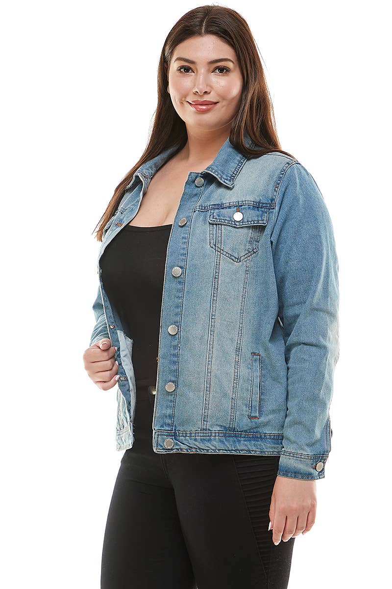 Faith Over Fear Womens Plus Size Original Trucker Denim Jacket / Med Wash