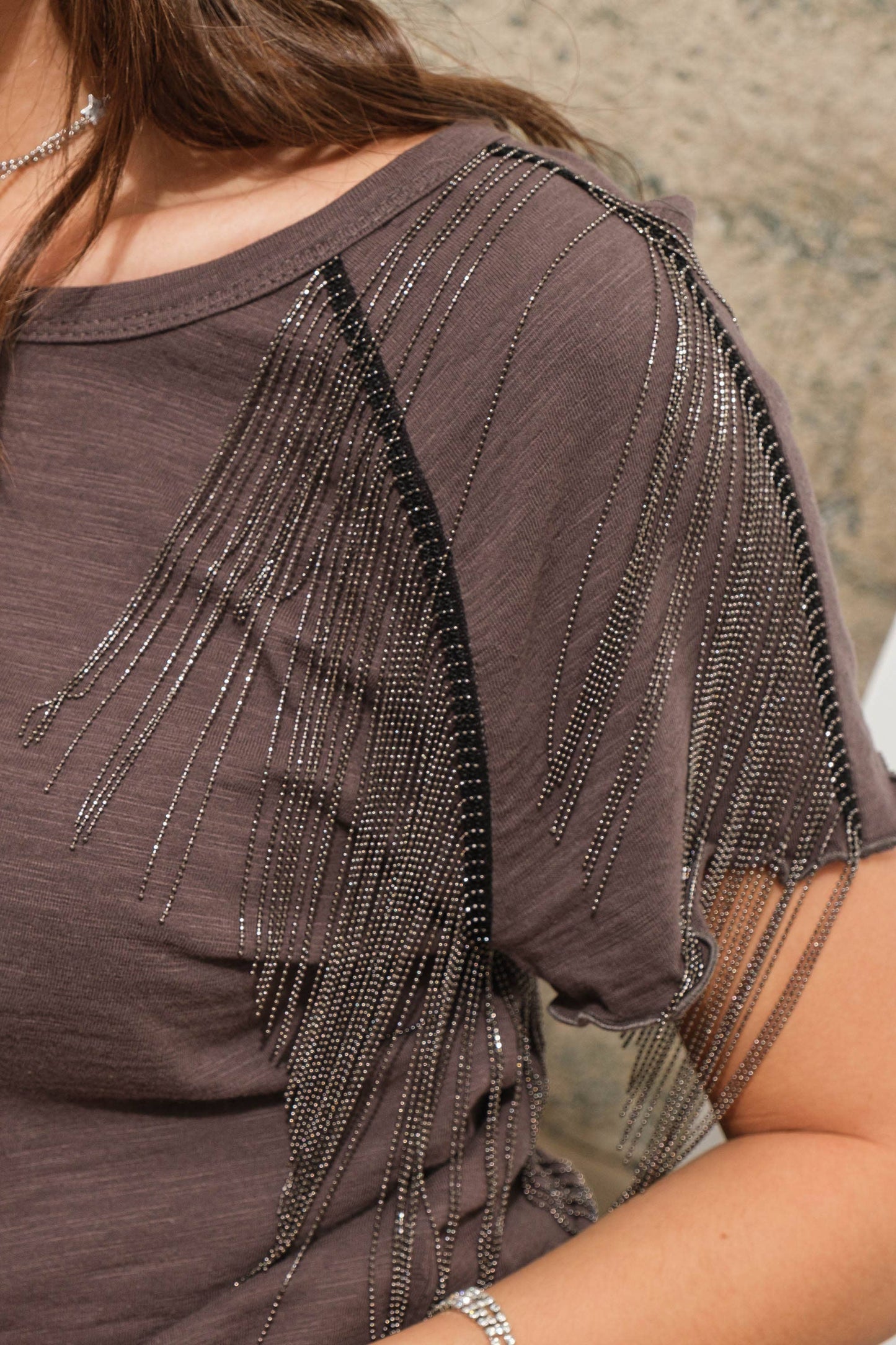 34913T - Slub Jersey Rhinestone Fringe T Shirt Top: CHARCOAL