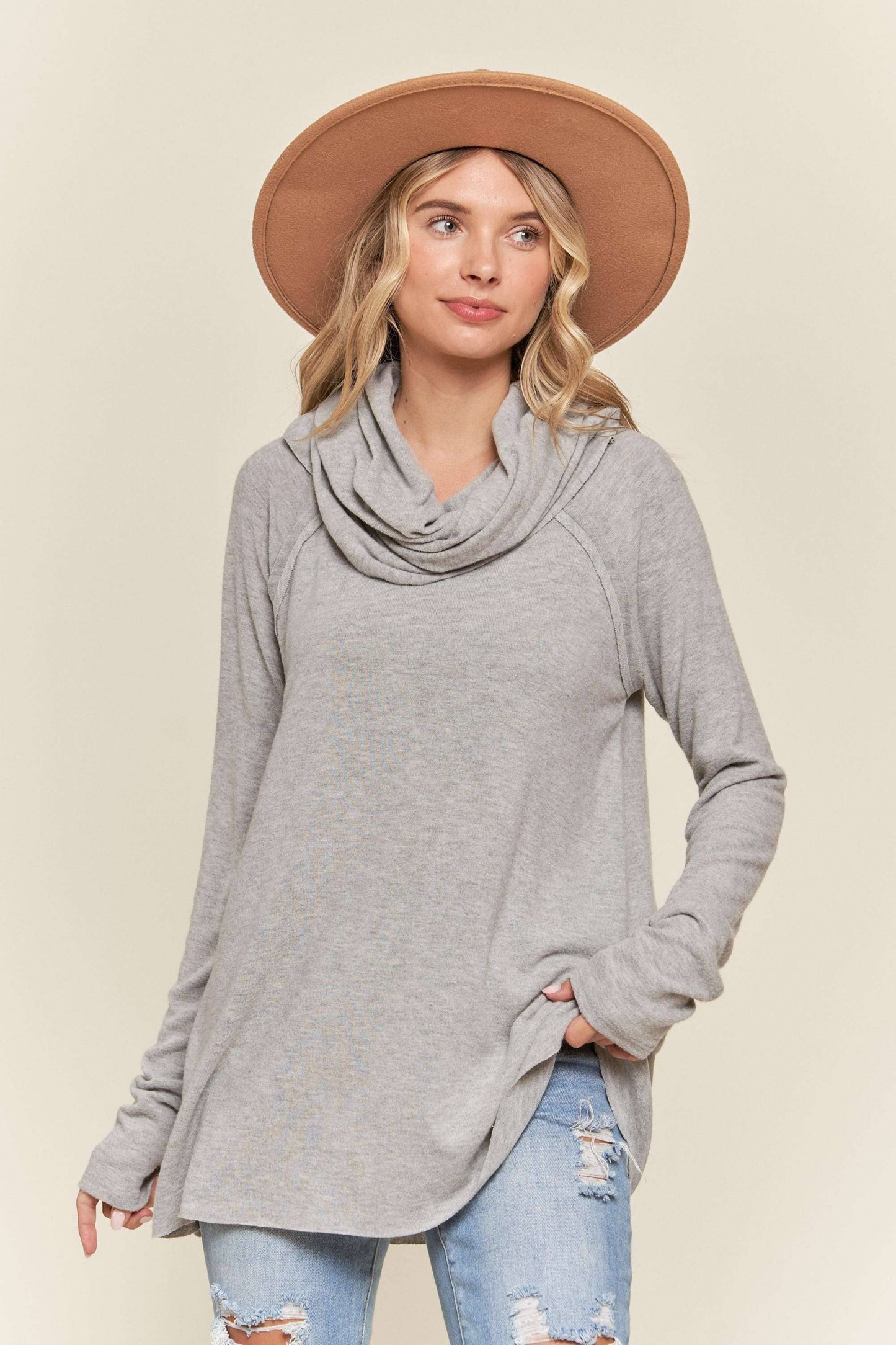 LYT9685-BRUSHED SOLID COWL NECK TOP: OLIVE GREY / S