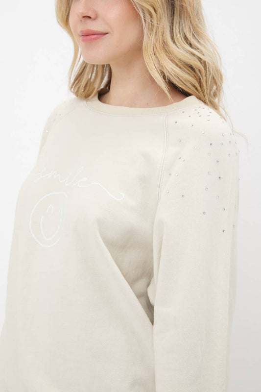 31721T - Washed Rhinestone Studded Smile Sweatshirt: BEIGE