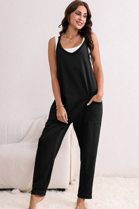 Side Pockets Harem Pants Sleeveless V Neck Jumpsuit: Black / Missy