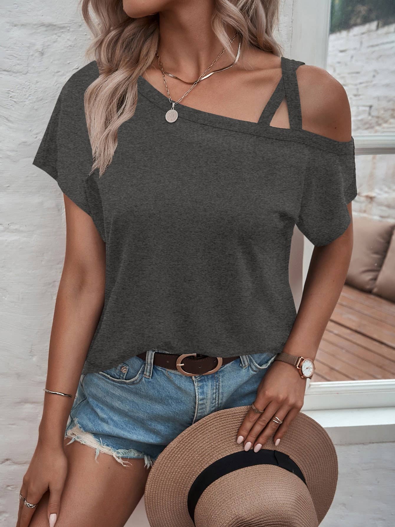 Crossover Off-The-Shoulder Short-Sleeved Top: Darkgrey