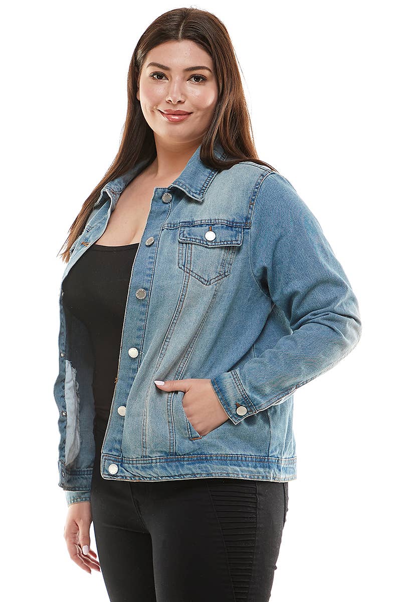 Faith Over Fear Womens Plus Size Original Trucker Denim Jacket / Med Wash