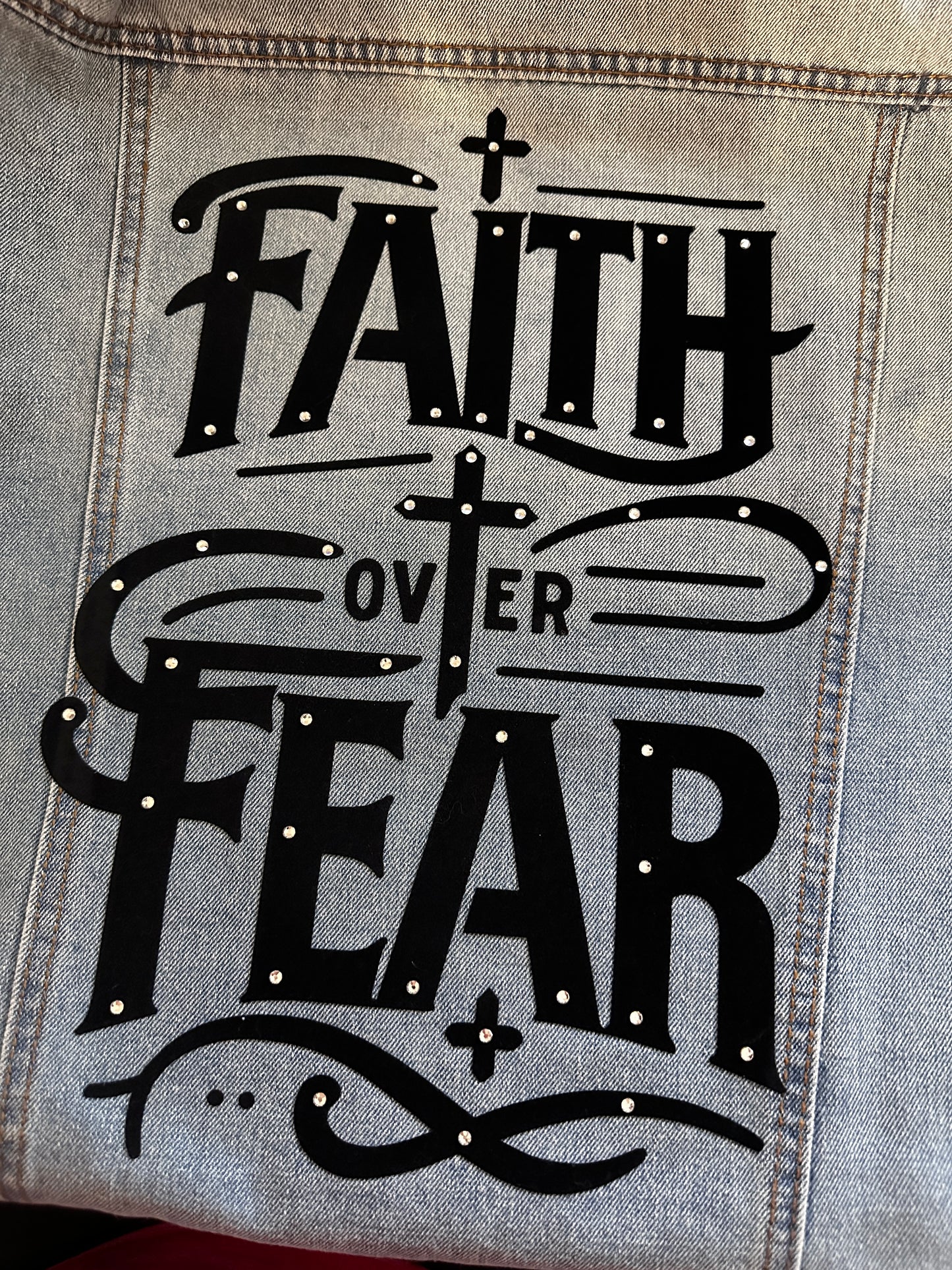 Faith Over Fear Womens Plus Size Original Trucker Denim Jacket / Med Wash