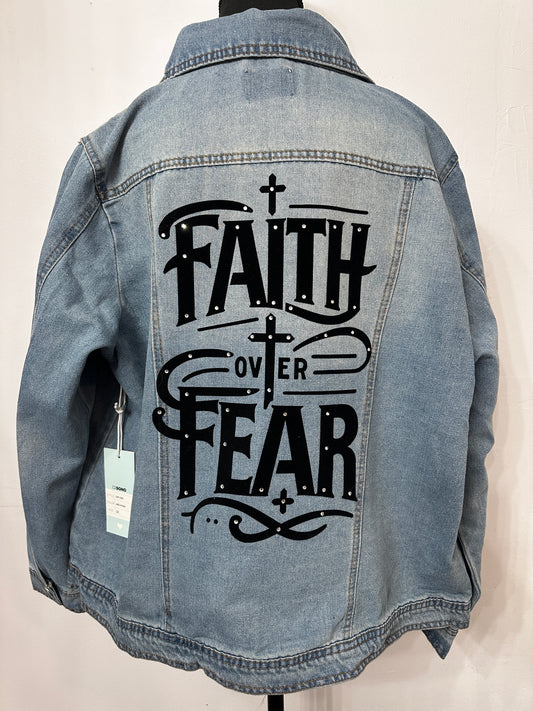 Faith Over Fear Womens Plus Size Original Trucker Denim Jacket / Med Wash