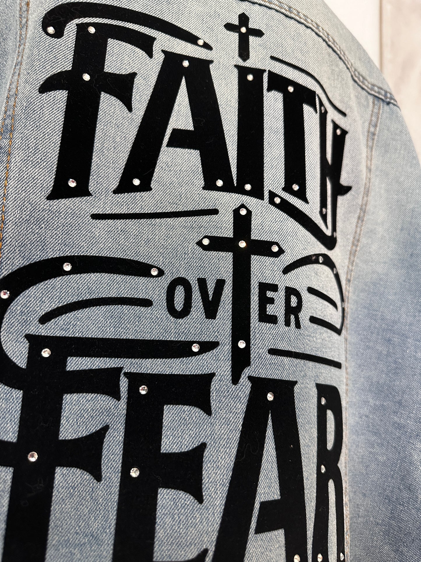 Faith Over Fear Womens Plus Size Original Trucker Denim Jacket / Med Wash