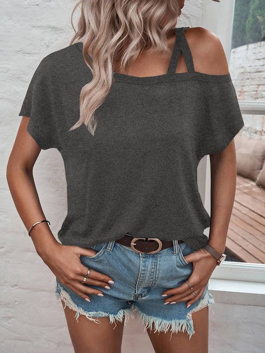 Crossover Off-The-Shoulder Short-Sleeved Top: Darkgrey