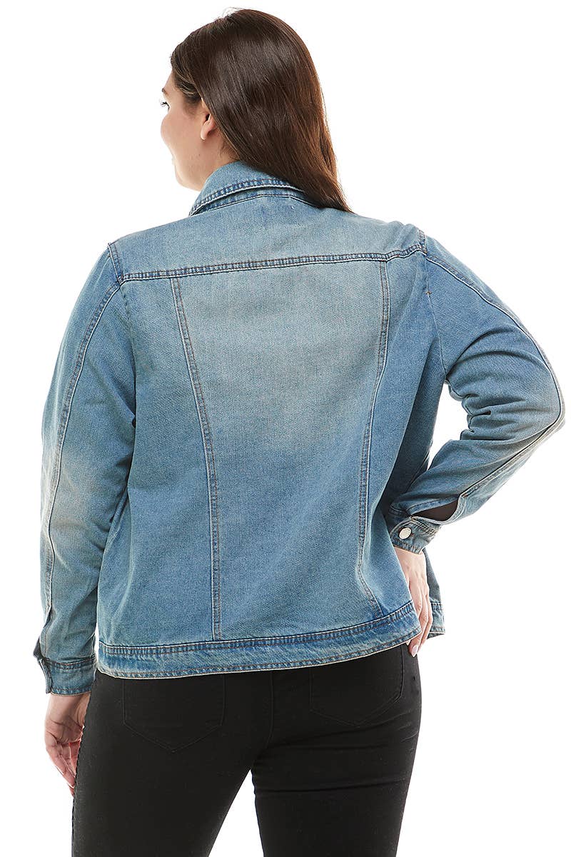 Faith Over Fear Womens Plus Size Original Trucker Denim Jacket / Med Wash