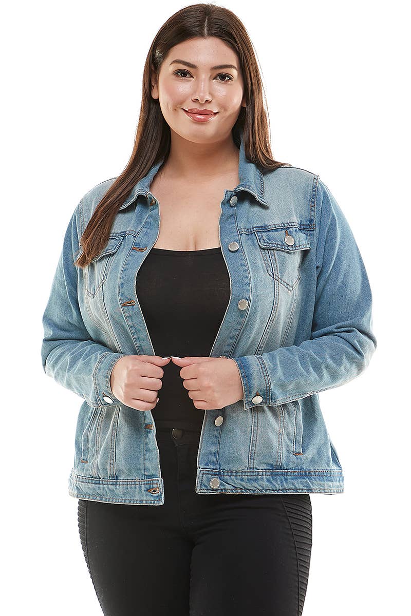 Faith Over Fear Womens Plus Size Original Trucker Denim Jacket / Med Wash